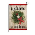 Christmas garden flag featuring a pine wreath on wood boards with buffalo plaid borders - 30*45cm / Welcome to Our Home (HYQ030-30)