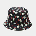 Classic black bucket hat featuring white daisy and red cherry print for casual summer wear - M / Black Cherry Flower