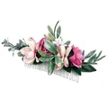 Bohemian floral hair comb featuring pink and cream silk flowers with green leaves - FS41-5 Rose Red
