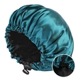 Peacock green double-layer satin sleeping cap with adjustable elastic button detail - Adjustable / Peacock Green + Black