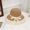 Khaki straw sun hat with large brim and cream lace ribbon bow for summer beach vacations - Three Circle Lace Khaki