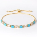 Adjustable gold chain bracelet with turquoise and clear rectangular cubic zirconia stones - Turquoise & White Zircon Gold