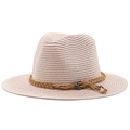 Pink straw fedora sun hat with brown woven band and metallic beads for casual vacation - Nude Pink
