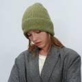 Thick warm grass green gradient knitted beanie hat paired with a grey patterned blazer - Matcha Green