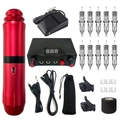 Complete tattoo kit with red rotary machine pen, power supply, and assorted needles - V6 Red