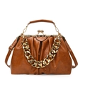 Vintage brown oil wax leather frame bag with gold thick chain and crossbody strap - Brown