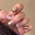 Kawaii 3D teddy bear press-on nails with pink argyle patterns and white rhinestones - Pink Brown Rhombus Bear (Glue Style)