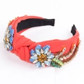 Red knotted headband with blue floral embroidery, colorful rhinestones and beads - 9# Red (Floral Embroidery Beads)