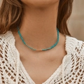 Bohemian turquoise bead necklace with gold accents worn on a model in summer light - Sky Blue Gold Bead Hand-beaded Chain (KN0056) / 18K Gold