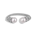 S925 sterling silver open ring with dual white pearls and zircon accents in twisted band design - Double Shell Pearl Zircon Open Style (DY121007)