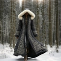 Unisex charcoal long hooded coat with white faux fur trim and Celtic embroidery in snow - 3XL / Charcoal Celtic Embroidery (RW-JLCKS-1911)