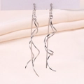 Elegant long S925 sterling silver spiral wave drop earrings in polished silver finish - Spiral Ear Thread / White Gold