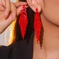 Elegant long red tassel drop earrings with sparkling rhinestones for a bold statement look - Red Full Rhinestone Alloy Tassel