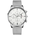 Macro view of the Geneva men's watch silver Milanese mesh band and precision dial details - Silver Case White Dial Silver Mesh Band