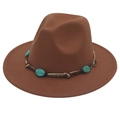 Detail of western fedora hat with turquoise gemstone accents and metal chain trim - M / Khaki