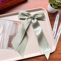 Close-up of a light green satin double bow hair clip with ribbons on a decorative tray - Bean Green 302