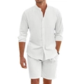 Ensemble d'été en lin pour homme avec chemise blanche à manches longues et short assorti - S / Blanc