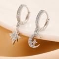 Silver star and moon drop earrings with sparkling rhinestones on white ceramic - White K (WG-0381)