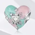 S925 sterling silver heart charm with pink marble enamel and central white zircon - BSC782 (Patchwork Heart)
