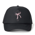 Cappellino trucker nero in mesh con stampa a croce rosa e fiocco sul davanti - Taglia unica / Tutto Nero