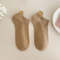 Women's light brown cotton ankle socks with cute yellow crown embroidery on the heel - Brown