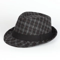 Detail of the classic grey check fedora hat with a black grosgrain decorative ribbon - Adjustable / Black Plaid
