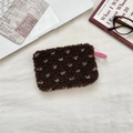 Brown plush coin purse with polka dots and pink strap, compact storage bag - Lamb Wool Heart Brown
