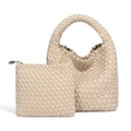 Chic beige woven bucket bag set featuring a large hobo handbag and small matching pouch - Off White