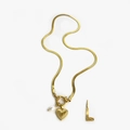 Gold stainless steel snake chain necklace with heart, pearl and letter L pendant - Gold - Letter L