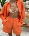 Women's orange linen long sleeve shirt and shorts set with a relaxed beach holiday vibe - S / Orange Red