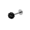 Macro view of a 16G black crystal pave ball lip stud with silver flat back post - Black