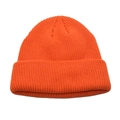 Close-up of bright orange ribbed knit beanie showing thick texture and wide fold-over cuff - Orange