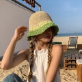 Foldable straw bucket hat in beige and green patchwork for summer sun protection - M / Color Block Pineapple Edge-Beige
