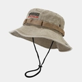Detail of khaki outdoor bucket hat with embroidered text, tactical strap, and chin cord - One Size / Khaki