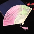 Pink and green gradient silk folding fan with cherry blossoms and pink tassel - Style 44