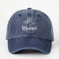 Washed navy denim baseball cap with Hawaii palm tree print and positive vibes text - Navy Blue