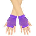 Close-up of purple fishnet fingerless gloves with elastic nylon mesh and open fingers - One Size / Purple