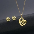 Detailed view of gold stainless steel heart pendant and earrings set for Mother's Day - TZ-216 Gold/Hollow Mom Heart
