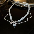 Collier de perles double épaisseur avec chaîne strass et pendentif noeud - 10# Collier - Argent Double Couche Noeud