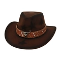 Vintage dark brown western cowboy hat with silver bull skull metal buckle and leather band - One Size / Coffee (Bull Skull Star Decor)