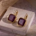Boucles d'oreilles rétro carrées en pierre œil de chat mauve et acier plaqué or - Violet