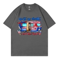 Dark grey cotton crew neck T-shirt featuring graphic letter print and camping van design - Dark Gray