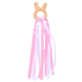 Bunny shaped beech wood baby teether with pink and white silk ribbons for sensory play - Rabbit Head