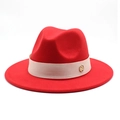 Detail of red wool felt fedora with beige decorative band and golden logo badge - M (56-58cm) / Red