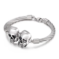 Punk style silver double skull bracelet with twisted wire cable chain for men - Silver Double Skull Wire Rope Style (KB52565-D)