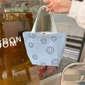 Sky blue corduroy mini tote bag with black embroidered smiley faces and snap button - Light Blue Gray Smiley Face