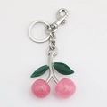 Pink glittery cherry keychain with silver metal hook and green sparkling leaves charm - Pink Large and Small Cherry with Matte Silver