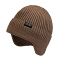 Brown chunky knit earflap beanie for winter with sport woven label on white background - Khaki