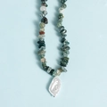 Irregular green agate bead necklace featuring a natural white baroque pearl pendant - Moss Agate Pearl