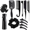 Black hair styling set with spray bottle, scalp massager, combs and crocodile clips - 11Pcs Black Set (Spiral Comb)